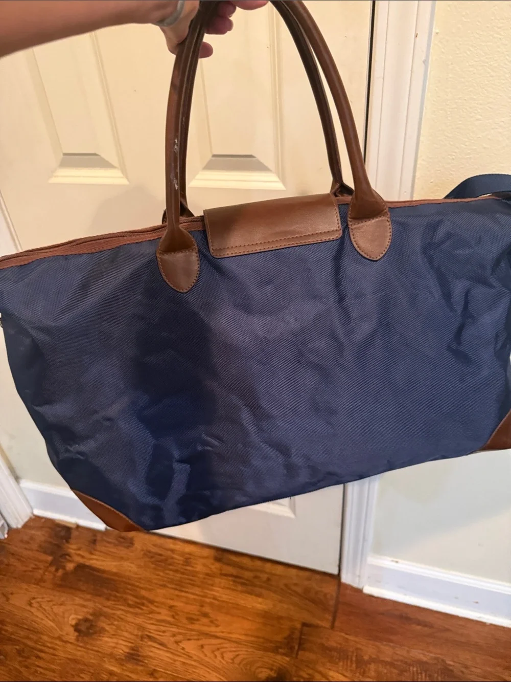 XL Navy Weekender Duffel Bag with Brown Trim